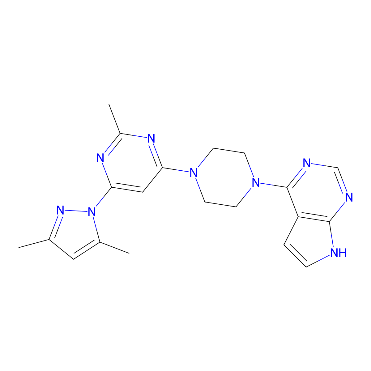 4-(3,5-dimethyl-1H-pyrazol-1-yl)-2-methyl-6-(4-{7H-pyrrolo[2,3-d]pyrimidin-4-yl}piperazin-1-yl)pyrimidine molecular structure, CAS 2640866-94-8