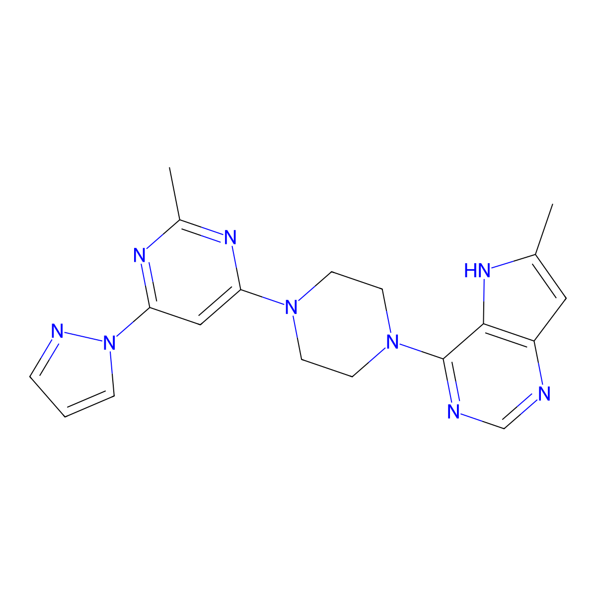 2-methyl-4-(4-{6-methyl-5H-pyrrolo[3,2-d]pyrimidin-4-yl}piperazin-1-yl)-6-(1H-pyrazol-1-yl)pyrimidine molecular structure, CAS 2640866-99-3