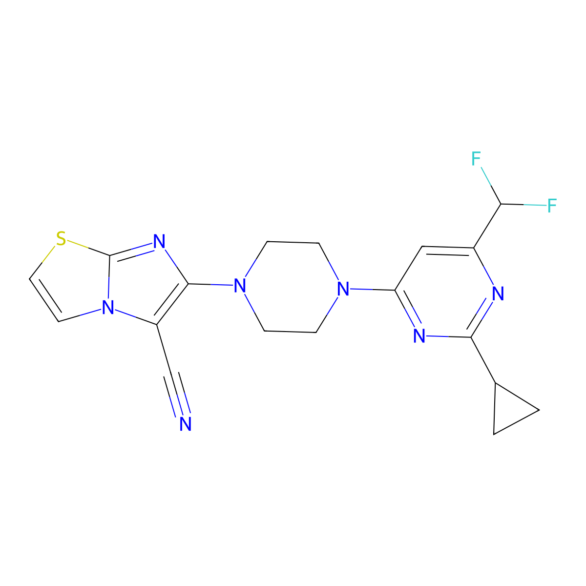 6-{4-[2-Cyclopropyl-6-(difluoromethyl)pyrimidin-4-yl]piperazin-1-yl}imidazo[2,1-b][1,3]thiazole-5-carbonitrile molecular structure, CAS 2640867-02-1