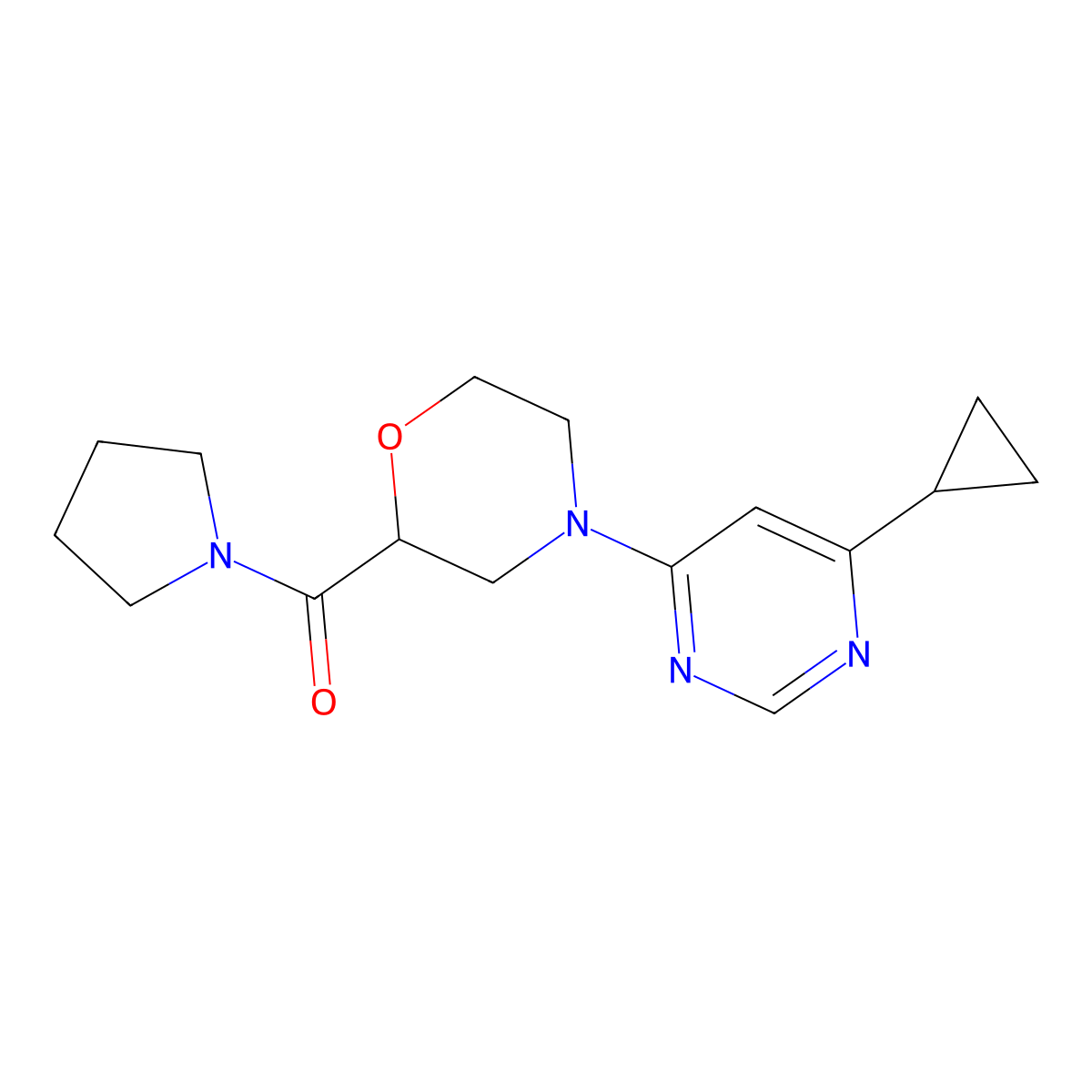 4-(6-Cyclopropylpyrimidin-4-yl)-2-(pyrrolidine-1-carbonyl)morpholine molecular structure, CAS 2640867-03-2