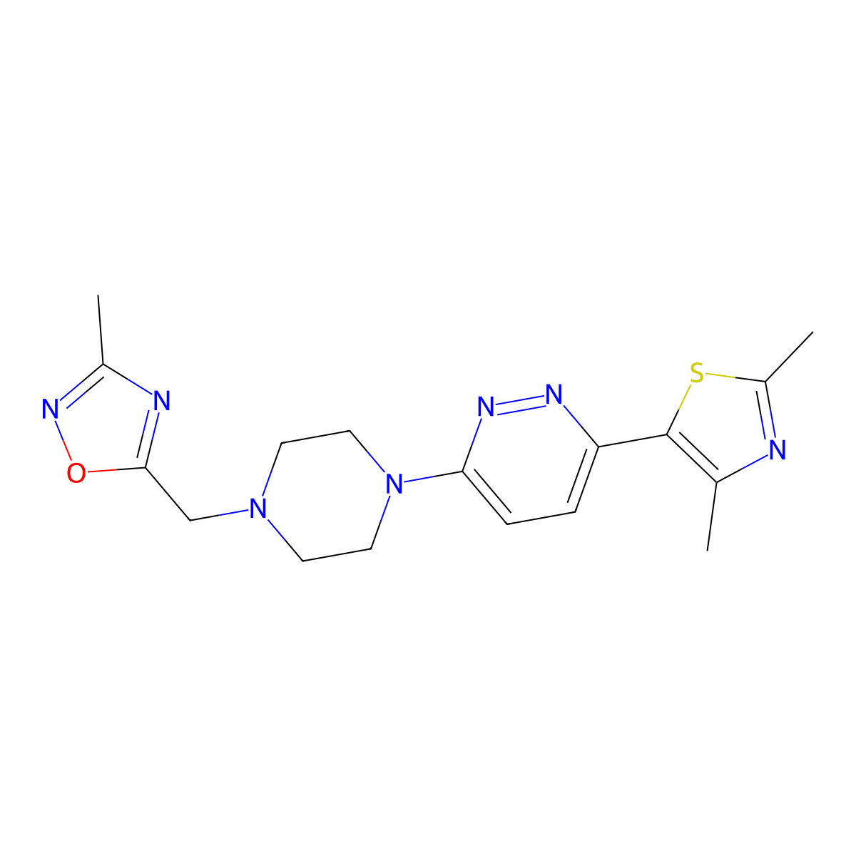 3-(2,4-Dimethyl-1,3-thiazol-5-yl)-6-{4-[(3-methyl-1,2,4-oxadiazol-5-yl)methyl]piperazin-1-yl}pyridazine molecular structure, CAS 2640867-10-1