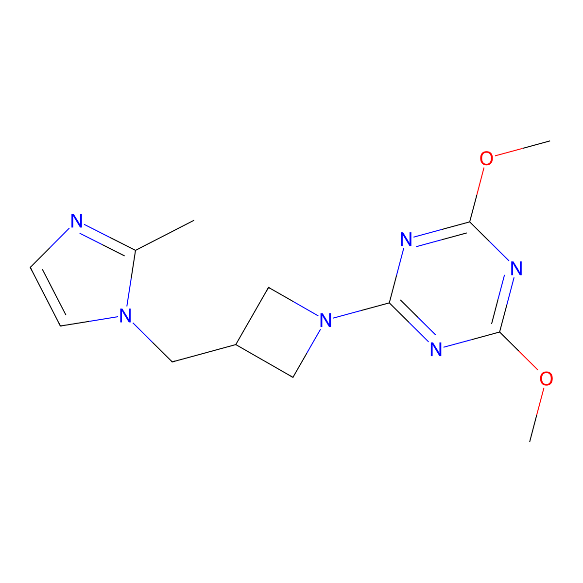 2,4-dimethoxy-6-{3-[(2-methyl-1H-imidazol-1-yl)methyl]azetidin-1-yl}-1,3,5-triazine molecular structure, CAS 2640867-12-3