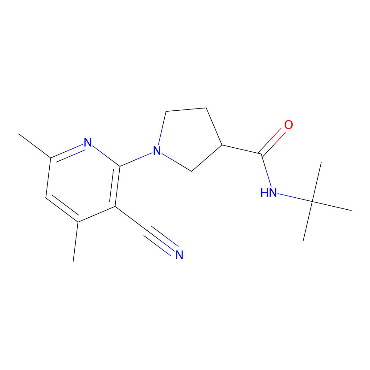 N-tert-butyl-1-(3-cyano-4,6-dimethylpyridin-2-yl)pyrrolidine-3-carboxamide molecular structure, CAS 2640867-16-7