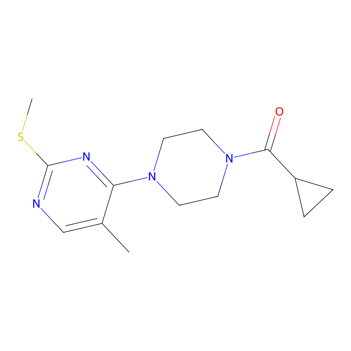 4-(4-Cyclopropanecarbonylpiperazin-1-yl)-5-methyl-2-(methylsulfanyl)pyrimidine molecular structure, CAS 2640867-34-9