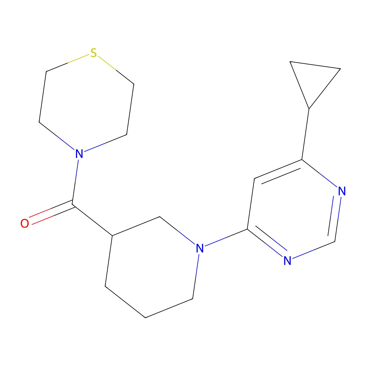 4-[1-(6-Cyclopropylpyrimidin-4-yl)piperidine-3-carbonyl]thiomorpholine molecular structure, CAS 2640867-36-1