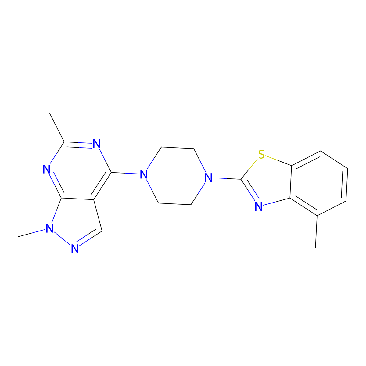2-(4-{1,6-dimethyl-1H-pyrazolo[3,4-d]pyrimidin-4-yl}piperazin-1-yl)-4-methyl-1,3-benzothiazole molecular structure, CAS 2640867-48-5
