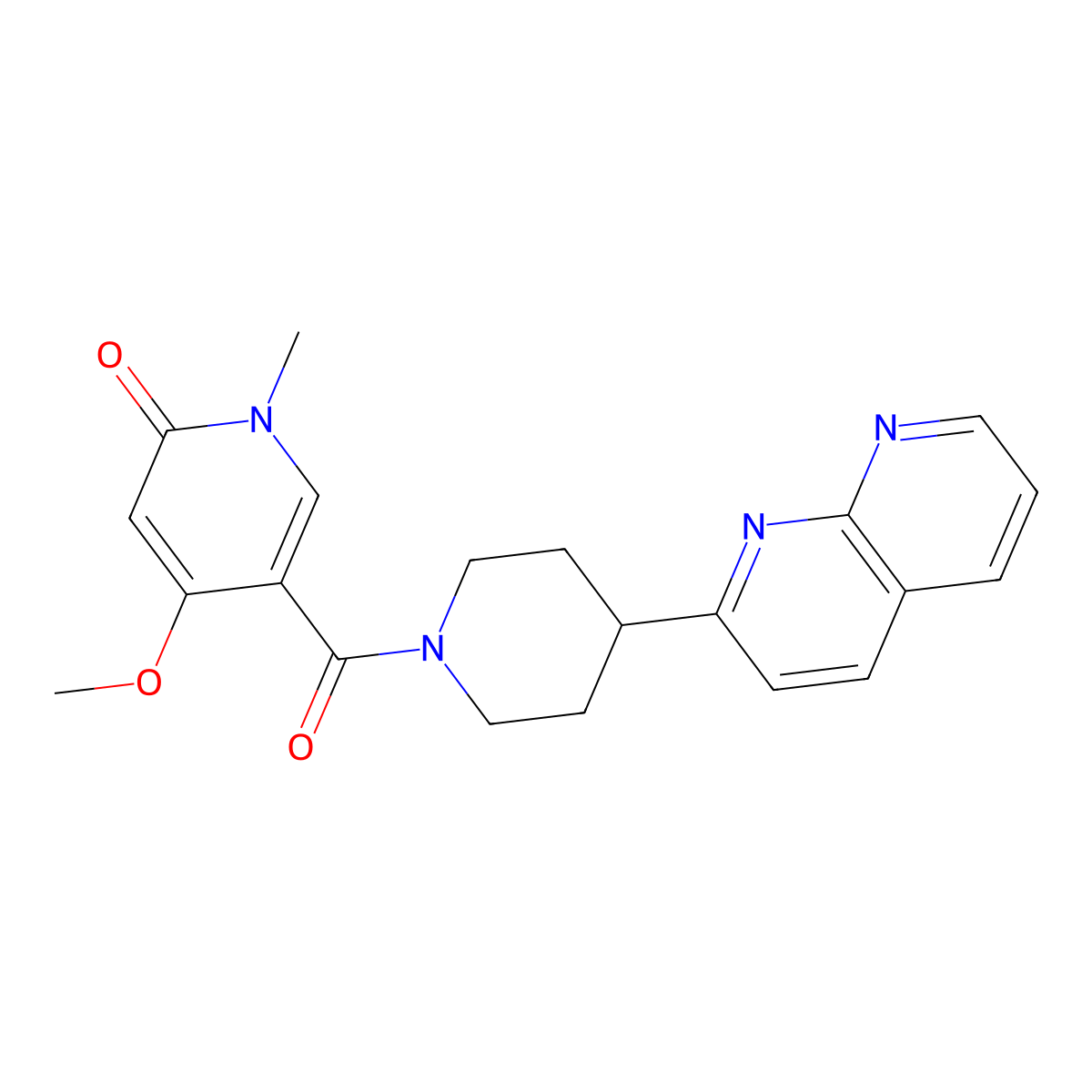 4-Methoxy-1-methyl-5-[4-(1,8-naphthyridin-2-yl)piperidine-1-carbonyl]-1,2-dihydropyridin-2-one molecular structure, CAS 2640867-51-0