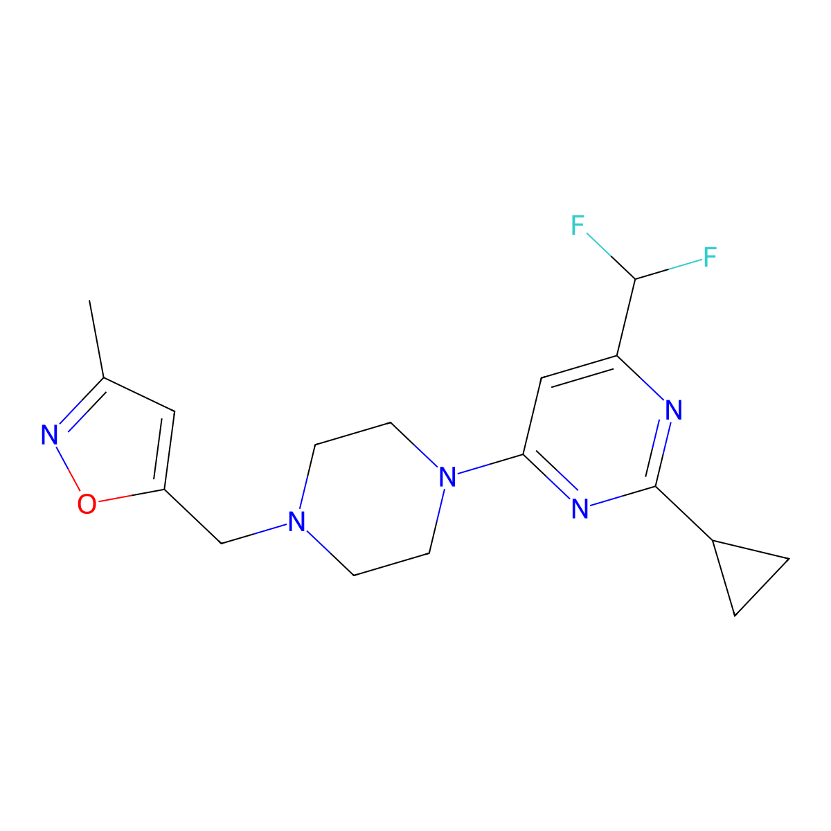 2-Cyclopropyl-4-(difluoromethyl)-6-{4-[(3-methyl-1,2-oxazol-5-yl)methyl]piperazin-1-yl}pyrimidine molecular structure, CAS 2640872-66-6