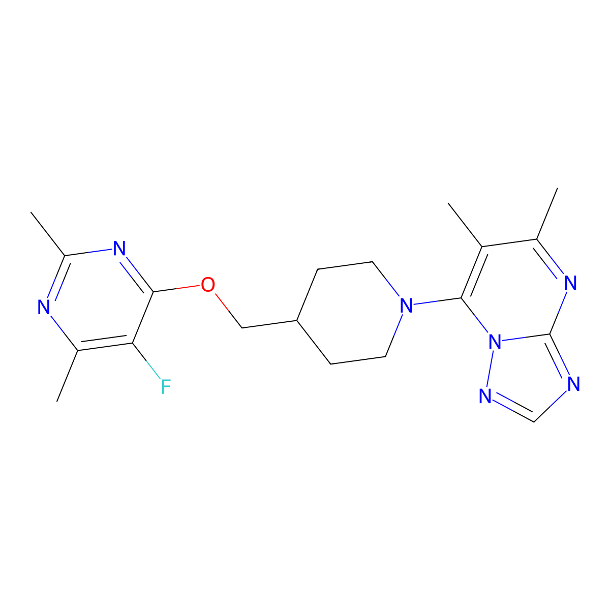 4-[(1-{5,6-Dimethyl-[1,2,4]triazolo[1,5-a]pyrimidin-7-yl}piperidin-4-yl)methoxy]-5-fluoro-2,6-dimethylpyrimidine molecular structure, CAS 2640872-72-4