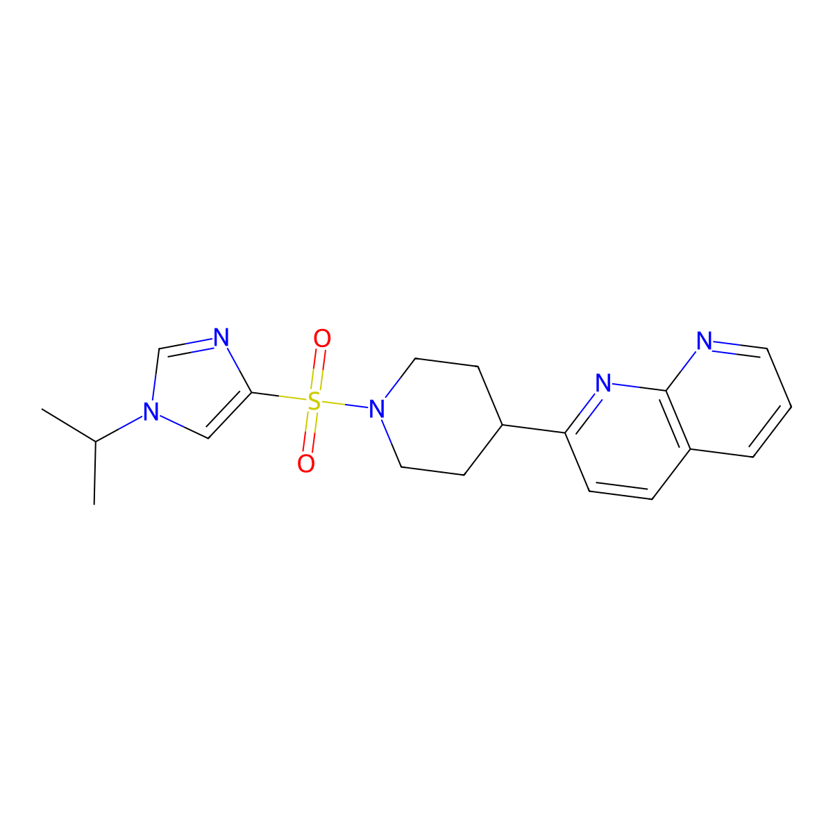 2-(1-{[1-(propan-2-yl)-1H-imidazol-4-yl]sulfonyl}piperidin-4-yl)-1,8-naphthyridine molecular structure, CAS 2640872-75-7