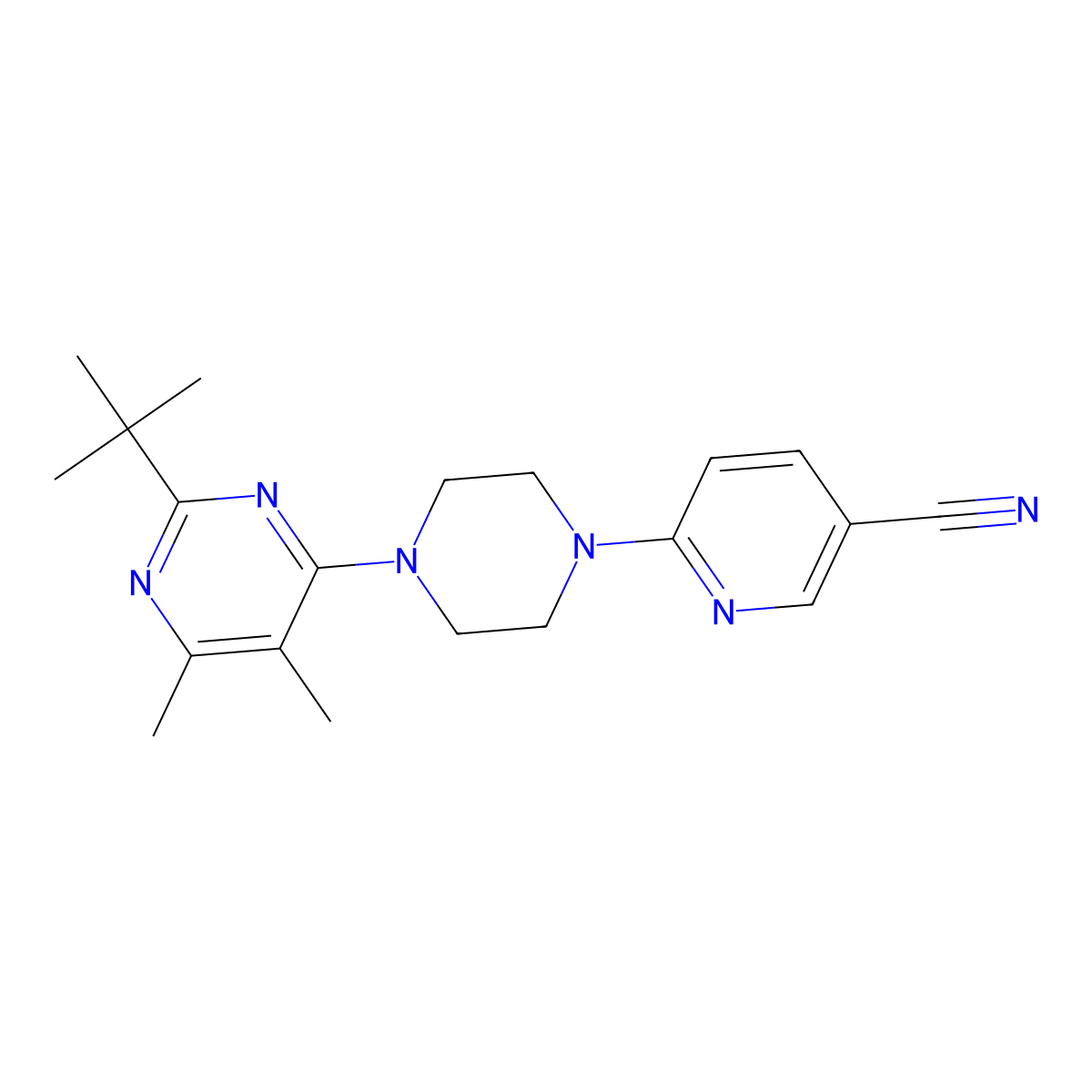 6-[4-(2-Tert-butyl-5,6-dimethylpyrimidin-4-yl)piperazin-1-yl]pyridine-3-carbonitrile molecular structure, CAS 2640872-76-8