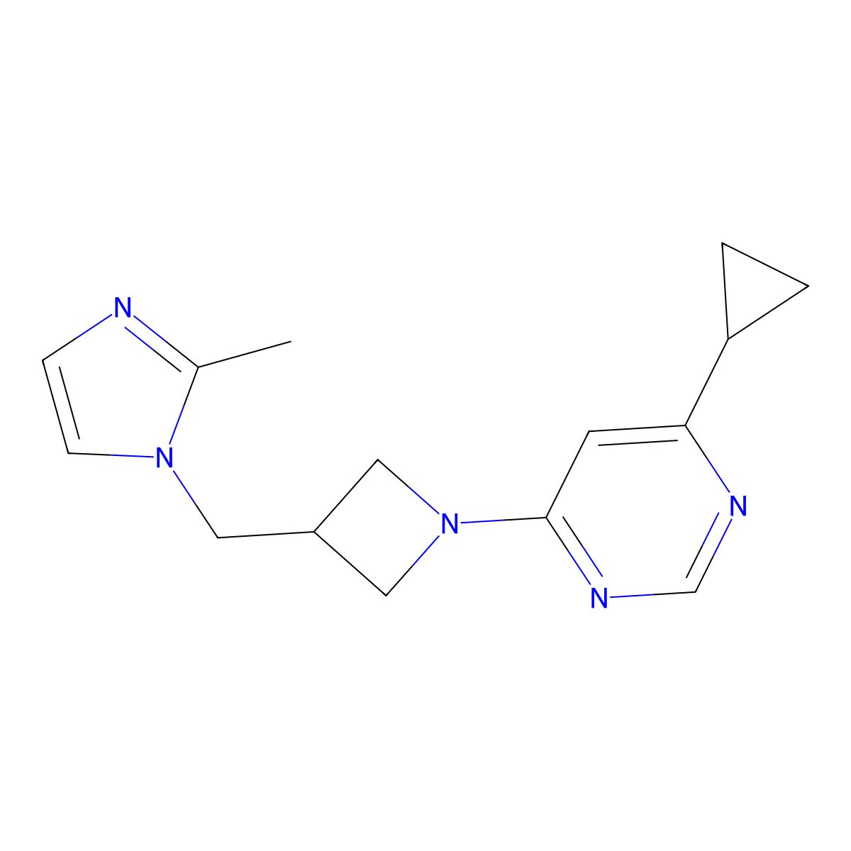 4-cyclopropyl-6-{3-[(2-methyl-1H-imidazol-1-yl)methyl]azetidin-1-yl}pyrimidine molecular structure, CAS 2640872-80-4