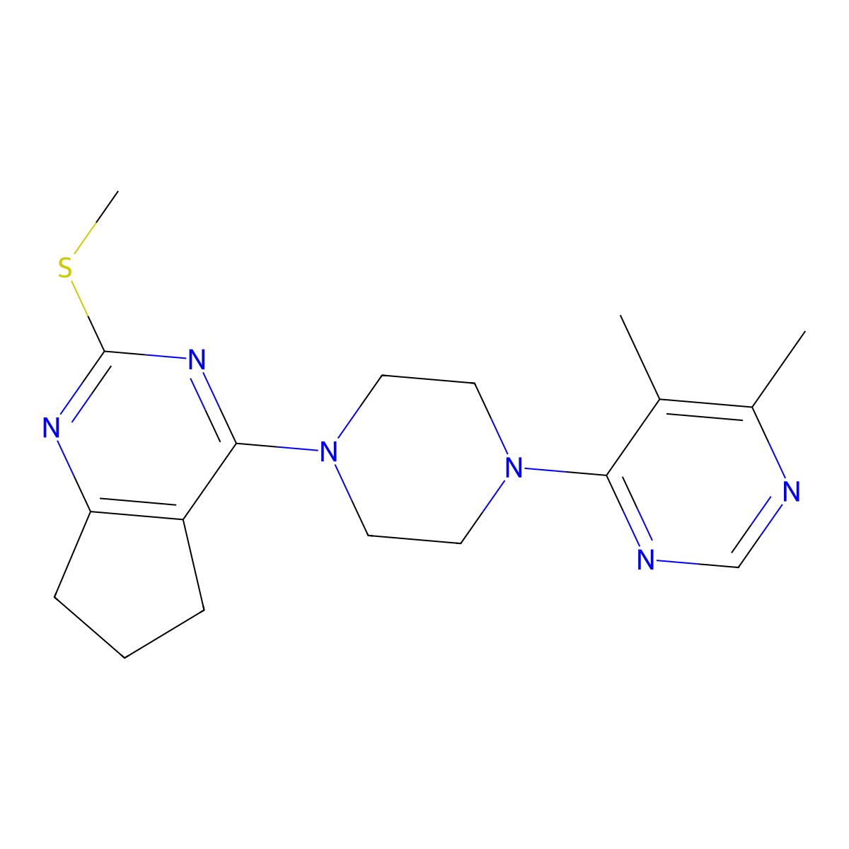 4,5-dimethyl-6-{4-[2-(methylsulfanyl)-5H,6H,7H-cyclopenta[d]pyrimidin-4-yl]piperazin-1-yl}pyrimidine molecular structure, CAS 2640872-81-5
