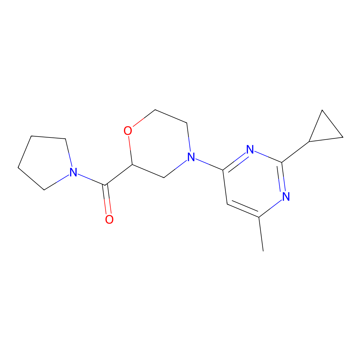 4-(2-Cyclopropyl-6-methylpyrimidin-4-yl)-2-(pyrrolidine-1-carbonyl)morpholine molecular structure, CAS 2640872-85-9