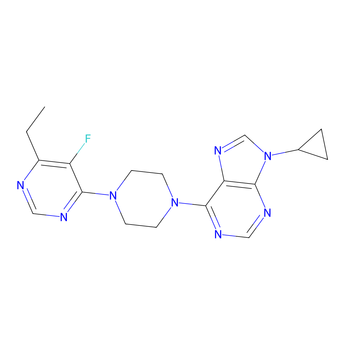 9-cyclopropyl-6-[4-(6-ethyl-5-fluoropyrimidin-4-yl)piperazin-1-yl]-9H-purine molecular structure, CAS 2640872-90-6