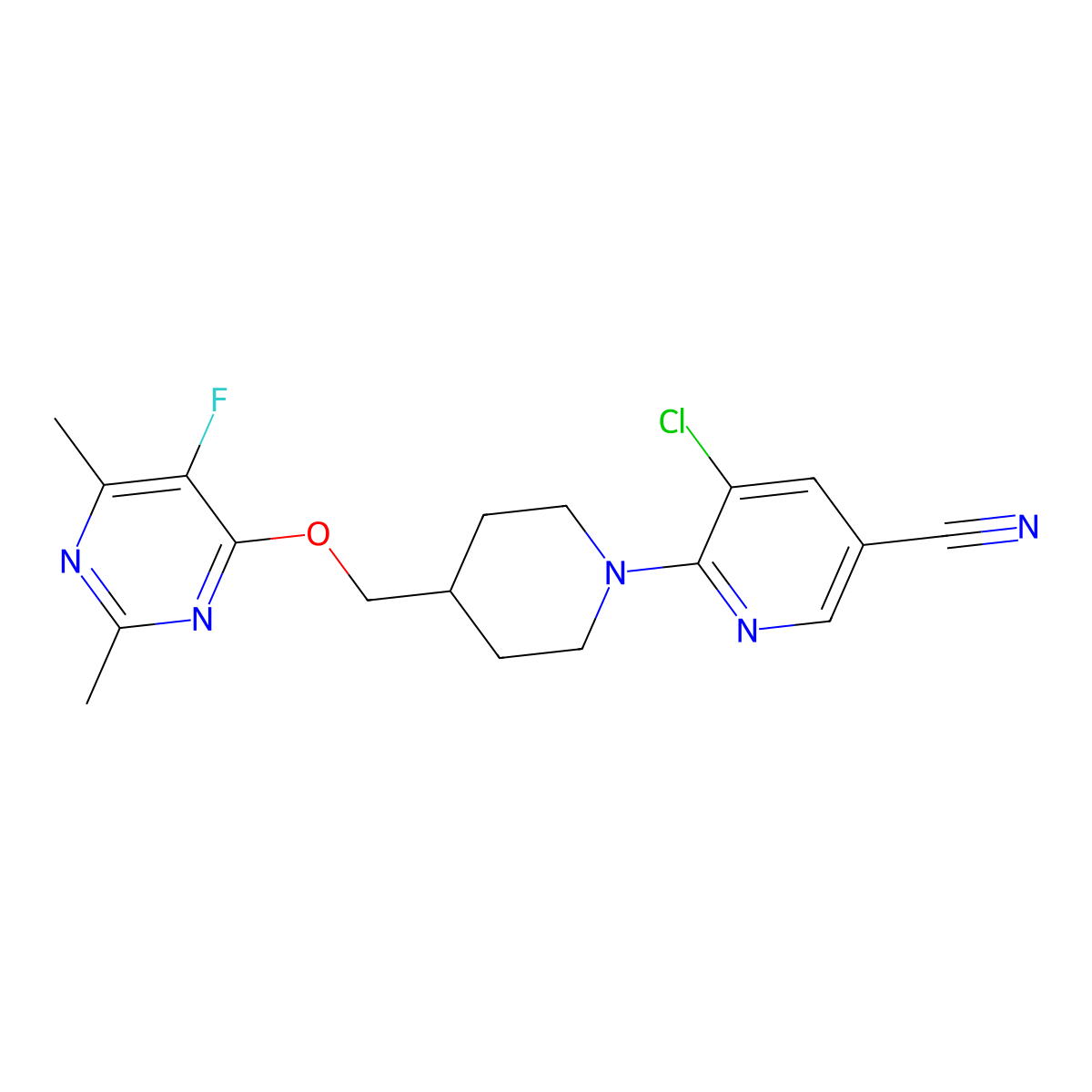 5-Chloro-6-(4-{[(5-fluoro-2,6-dimethylpyrimidin-4-yl)oxy]methyl}piperidin-1-yl)pyridine-3-carbonitrile molecular structure, CAS 2640872-91-7