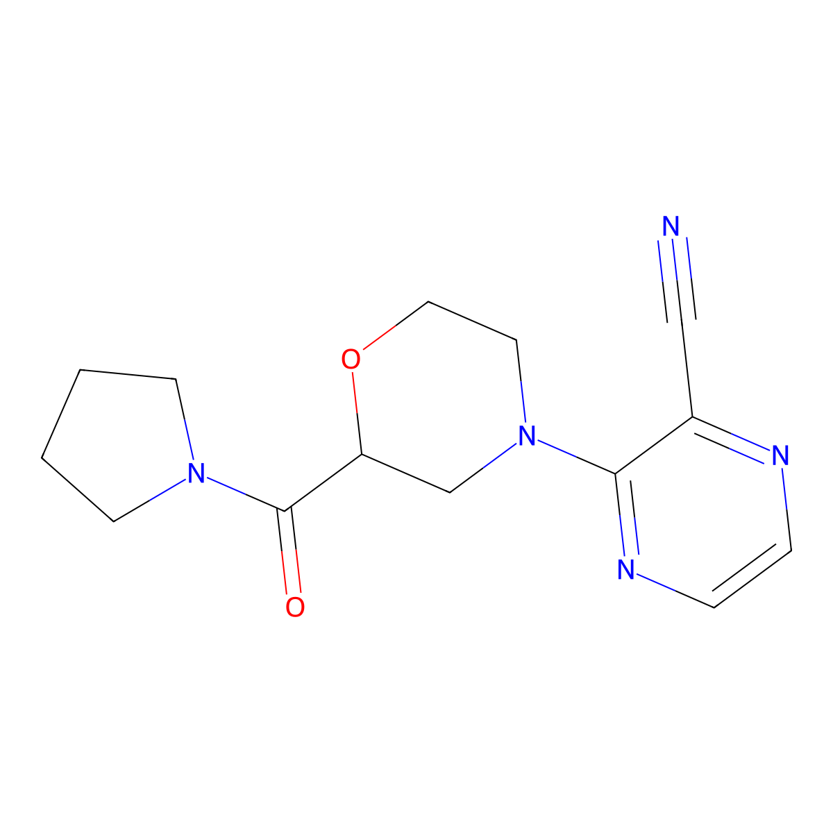 3-[2-(Pyrrolidine-1-carbonyl)morpholin-4-yl]pyrazine-2-carbonitrile molecular structure, CAS 2640872-92-8