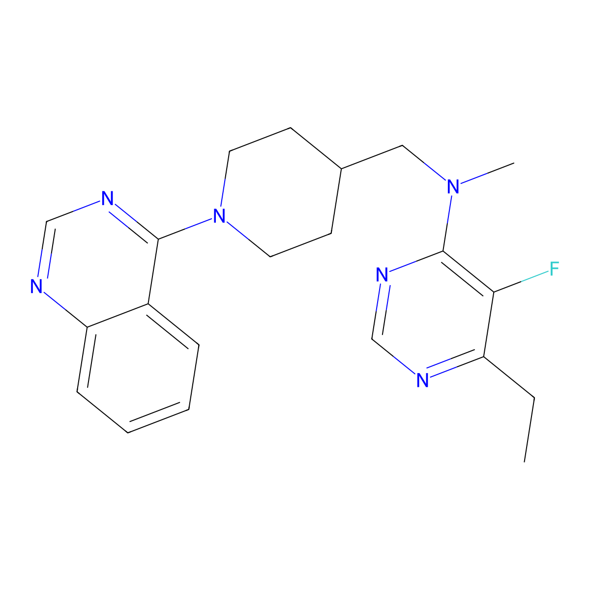 6-ethyl-5-fluoro-N-methyl-N-{[1-(quinazolin-4-yl)piperidin-4-yl]methyl}pyrimidin-4-amine molecular structure, CAS 2640872-93-9