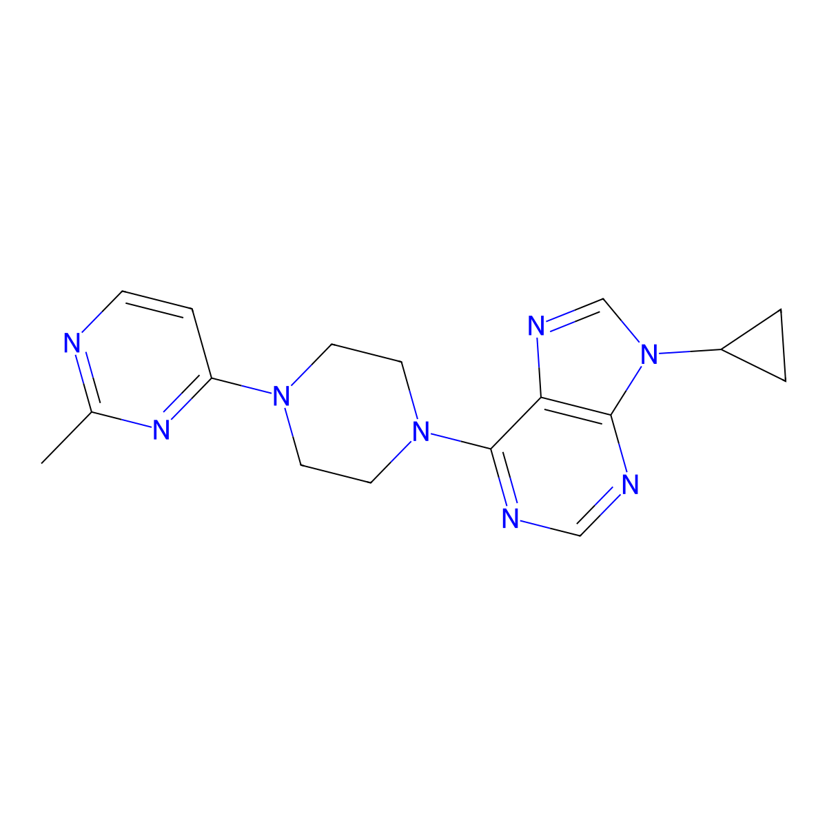 9-cyclopropyl-6-[4-(2-methylpyrimidin-4-yl)piperazin-1-yl]-9H-purine molecular structure, CAS 2640872-95-1