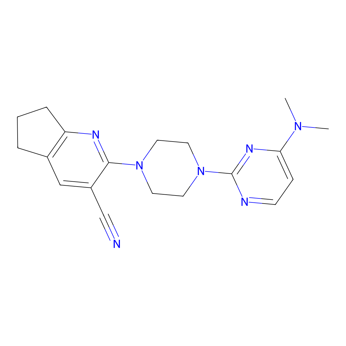 2-{4-[4-(dimethylamino)pyrimidin-2-yl]piperazin-1-yl}-5H,6H,7H-cyclopenta[b]pyridine-3-carbonitrile molecular structure, CAS 2640872-99-5