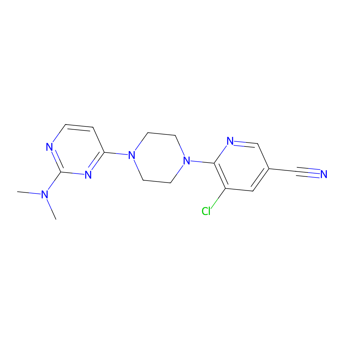 5-Chloro-6-{4-[2-(dimethylamino)pyrimidin-4-yl]piperazin-1-yl}pyridine-3-carbonitrile molecular structure, CAS 2640873-06-7