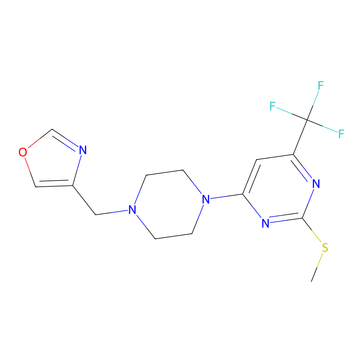 2-(Methylsulfanyl)-4-{4-[(1,3-oxazol-4-yl)methyl]piperazin-1-yl}-6-(trifluoromethyl)pyrimidine molecular structure, CAS 2640873-07-8