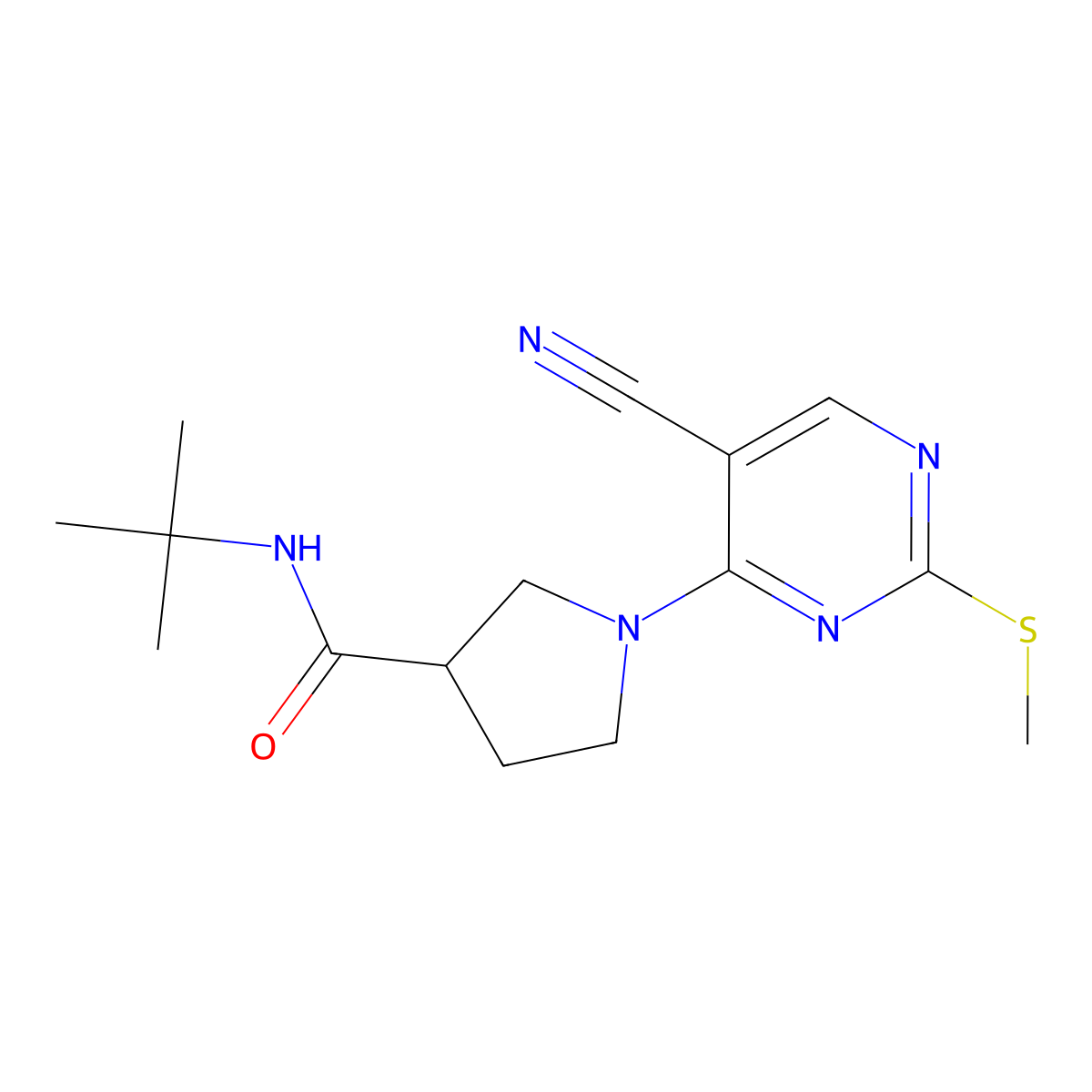 N-tert-butyl-1-[5-cyano-2-(methylsulfanyl)pyrimidin-4-yl]pyrrolidine-3-carboxamide molecular structure, CAS 2640873-11-4