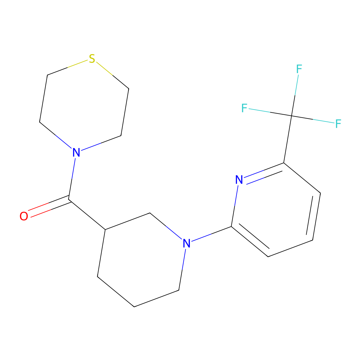 4-{1-[6-(Trifluoromethyl)pyridin-2-yl]piperidine-3-carbonyl}thiomorpholine molecular structure, CAS 2640873-21-6