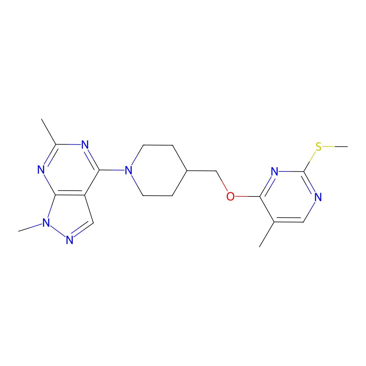4-[(1-{1,6-dimethyl-1H-pyrazolo[3,4-d]pyrimidin-4-yl}piperidin-4-yl)methoxy]-5-methyl-2-(methylsulfanyl)pyrimidine molecular structure, CAS 2640873-23-8