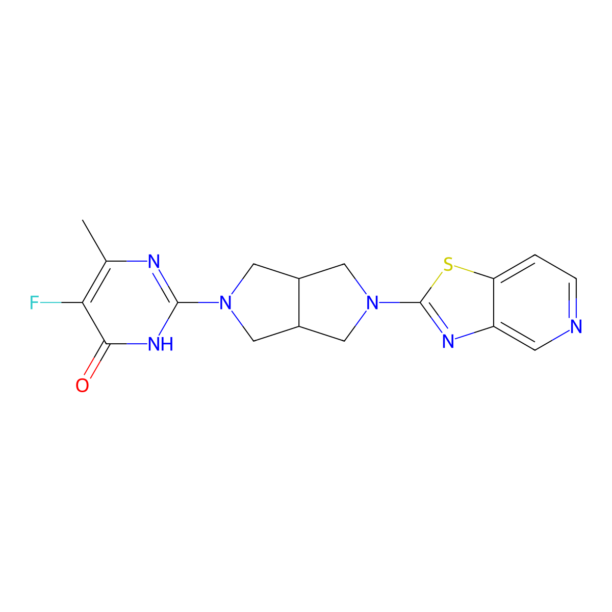5-Fluoro-6-methyl-2-(5-{[1,3]thiazolo[4,5-c]pyridin-2-yl}-octahydropyrrolo[3,4-c]pyrrol-2-yl)-3,4-dihydropyrimidin-4-one molecular structure, CAS 2640873-35-2