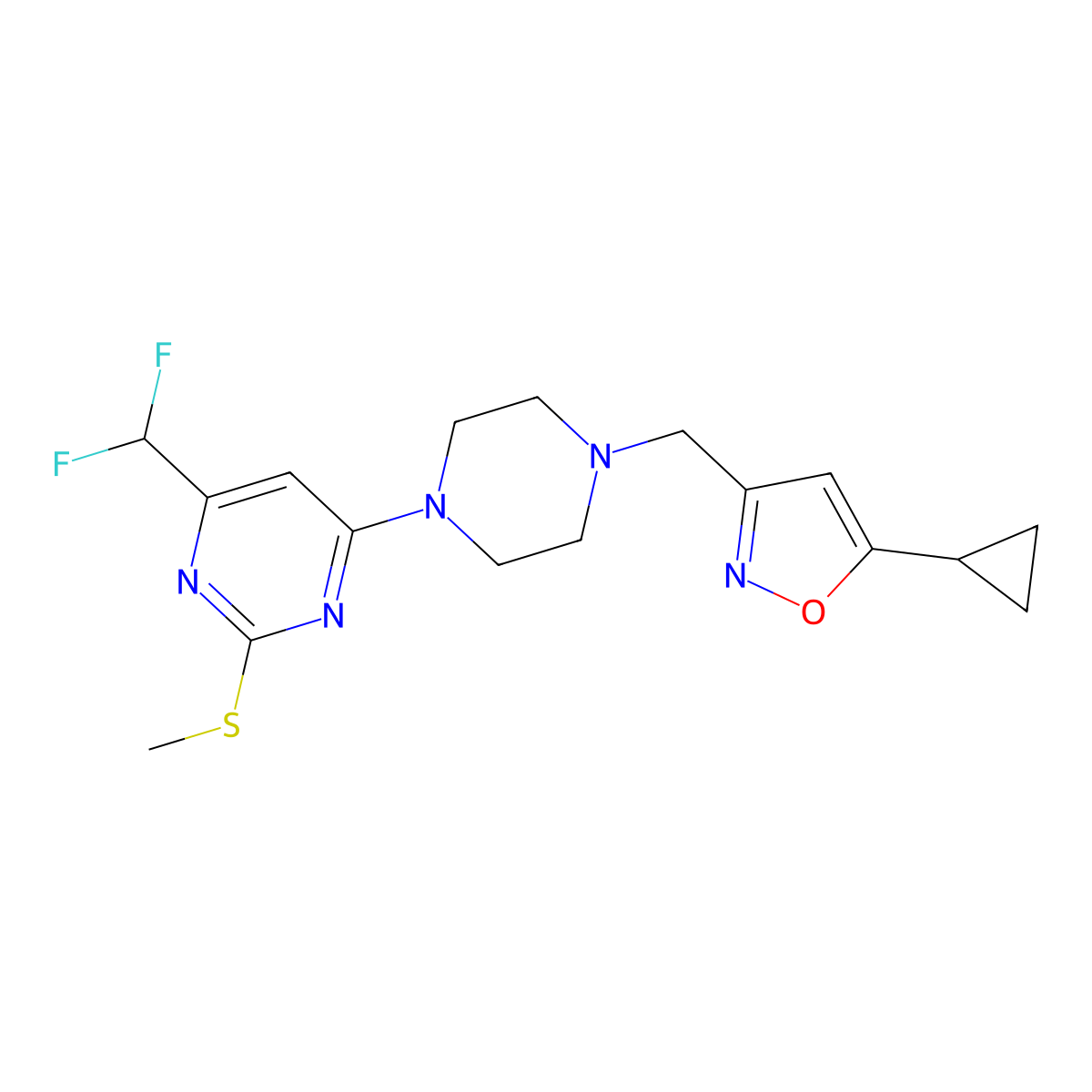4-{4-[(5-Cyclopropyl-1,2-oxazol-3-yl)methyl]piperazin-1-yl}-6-(difluoromethyl)-2-(methylsulfanyl)pyrimidine molecular structure, CAS 2640873-46-5