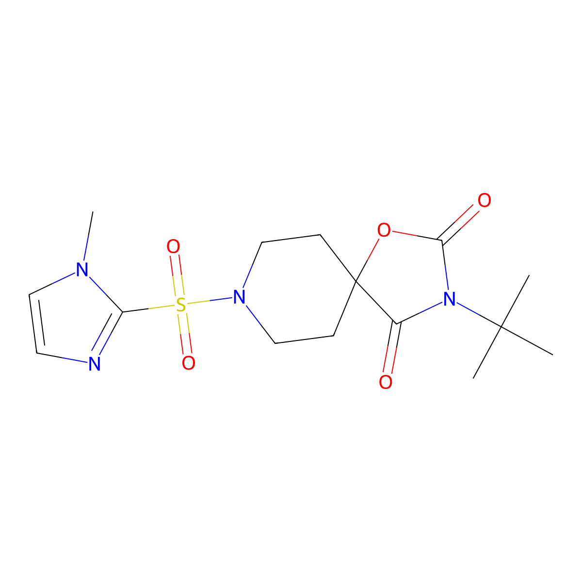 3-tert-butyl-8-[(1-methyl-1H-imidazol-2-yl)sulfonyl]-1-oxa-3,8-diazaspiro[4.5]decane-2,4-dione molecular structure, CAS 2640873-47-6
