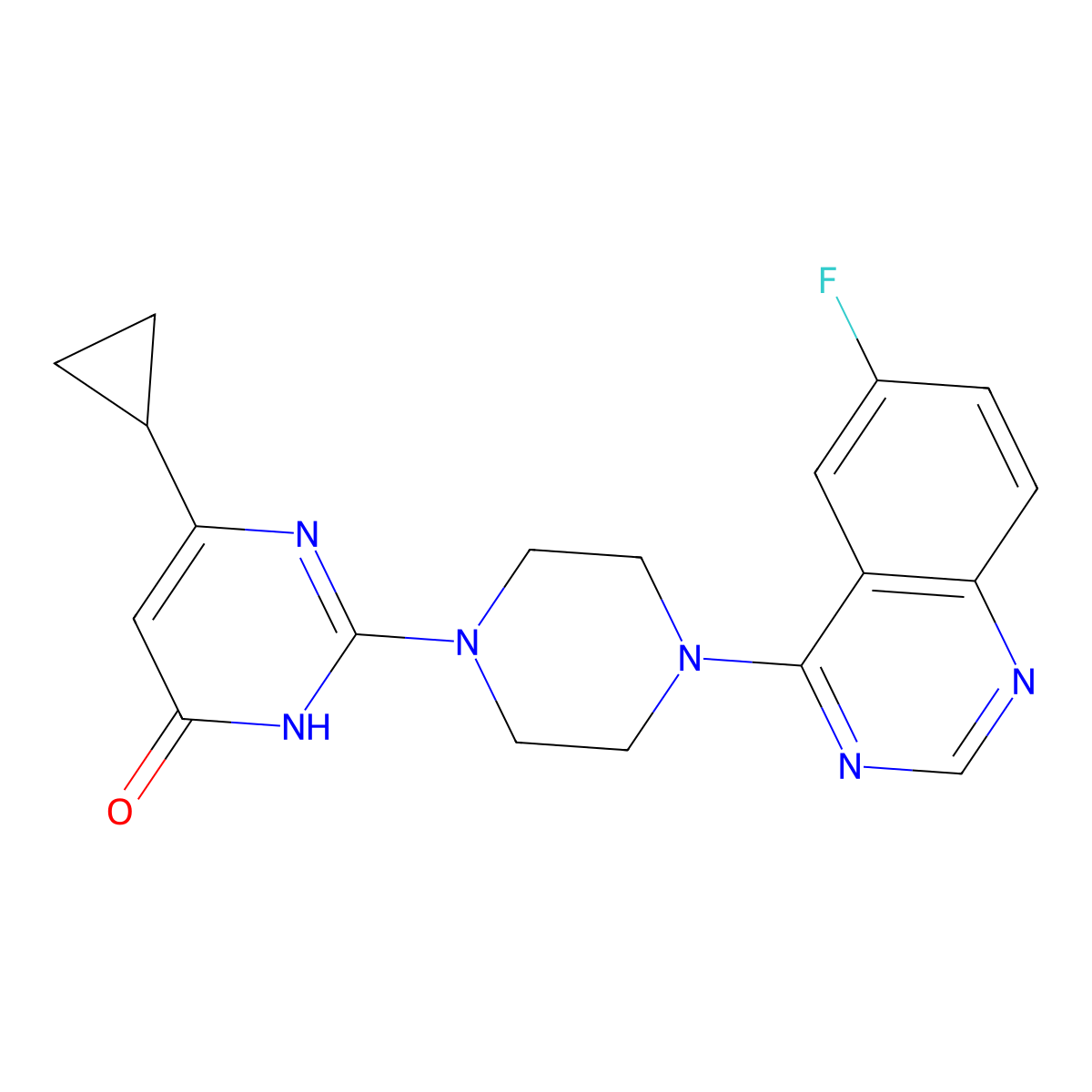 6-Cyclopropyl-2-[4-(6-fluoroquinazolin-4-yl)piperazin-1-yl]-3,4-dihydropyrimidin-4-one molecular structure, CAS 2640873-49-8
