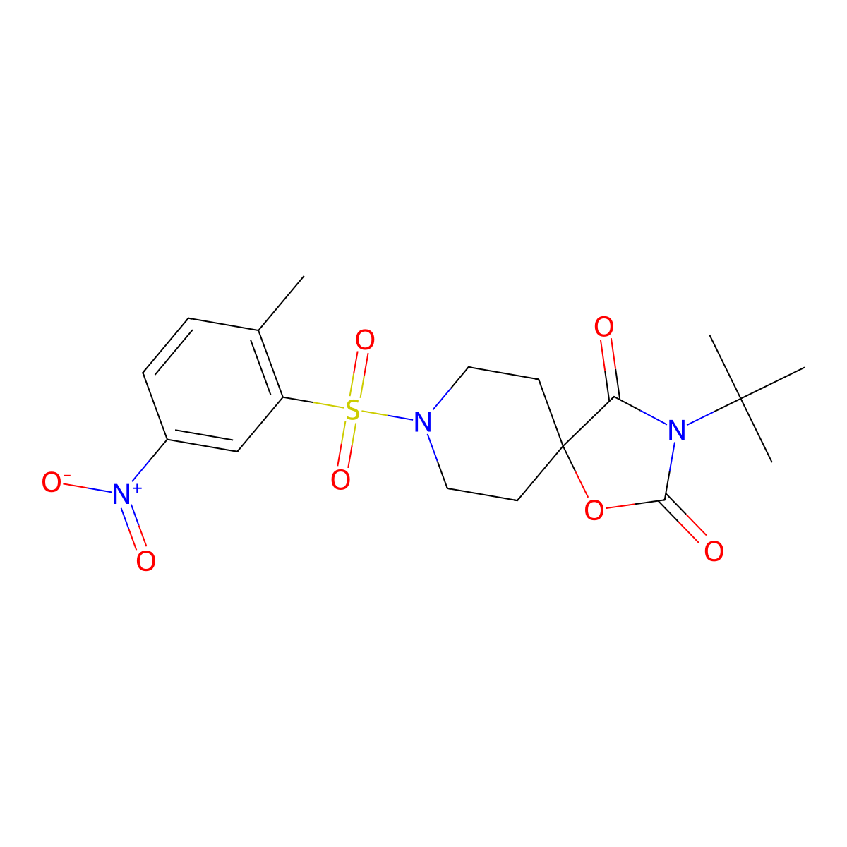 3-Tert-butyl-8-(2-methyl-5-nitrobenzenesulfonyl)-1-oxa-3,8-diazaspiro[4.5]decane-2,4-dione molecular structure, CAS 2640873-59-0
