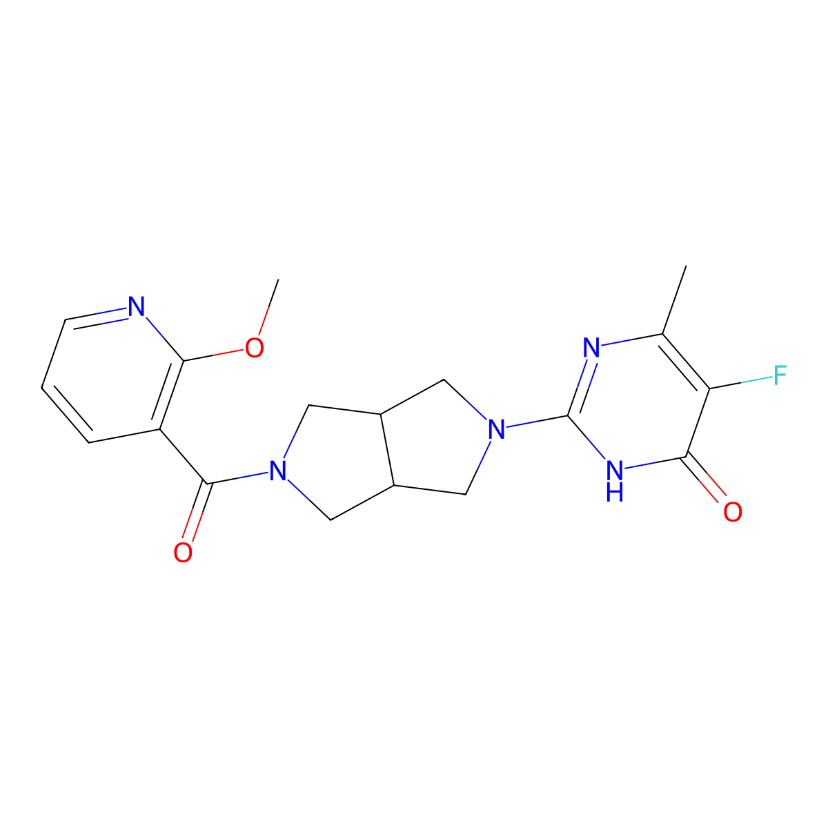 5-Fluoro-2-[5-(2-methoxypyridine-3-carbonyl)-octahydropyrrolo[3,4-c]pyrrol-2-yl]-6-methyl-3,4-dihydropyrimidin-4-one molecular structure, CAS 2640873-61-4