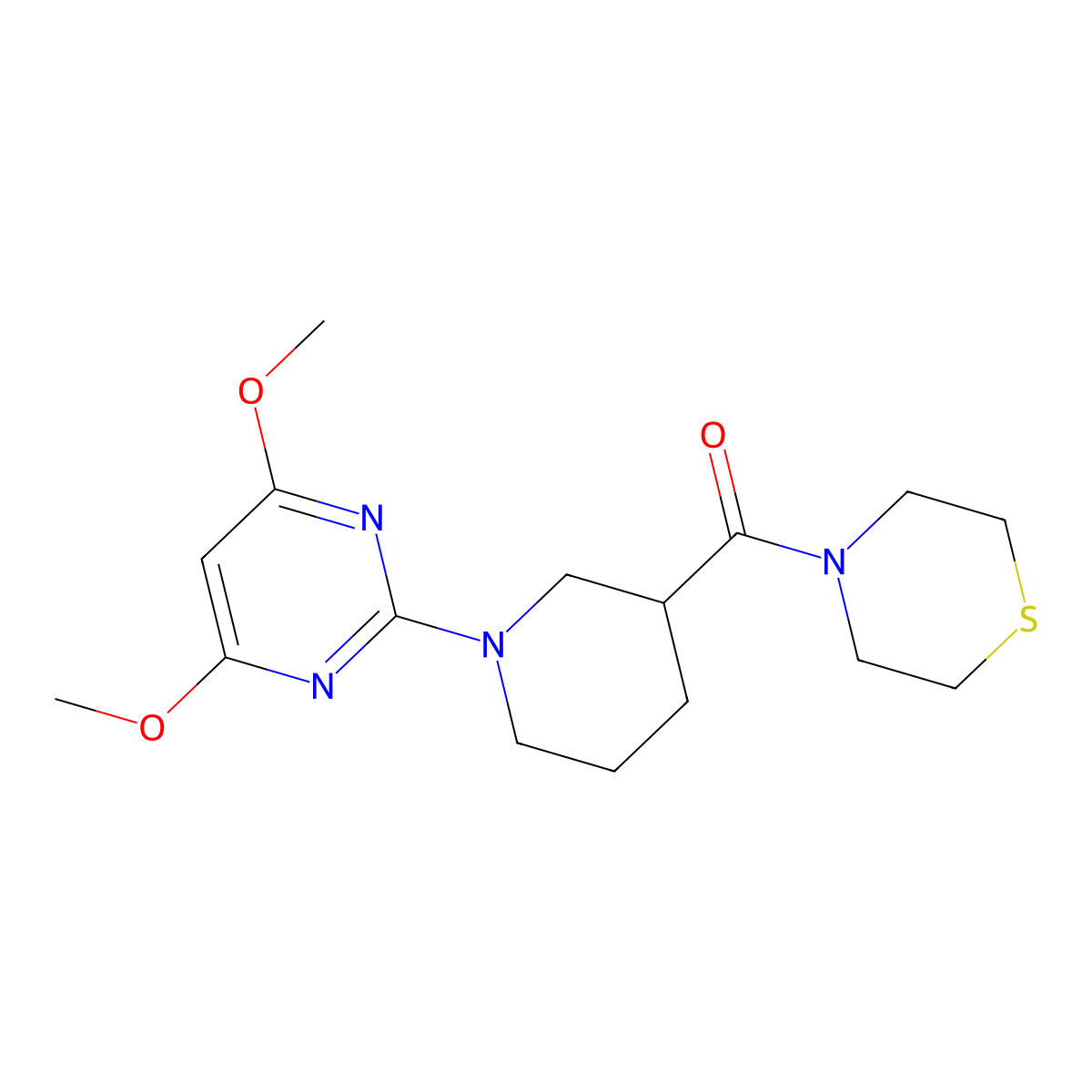 4-[1-(4,6-Dimethoxypyrimidin-2-yl)piperidine-3-carbonyl]thiomorpholine molecular structure, CAS 2640873-65-8