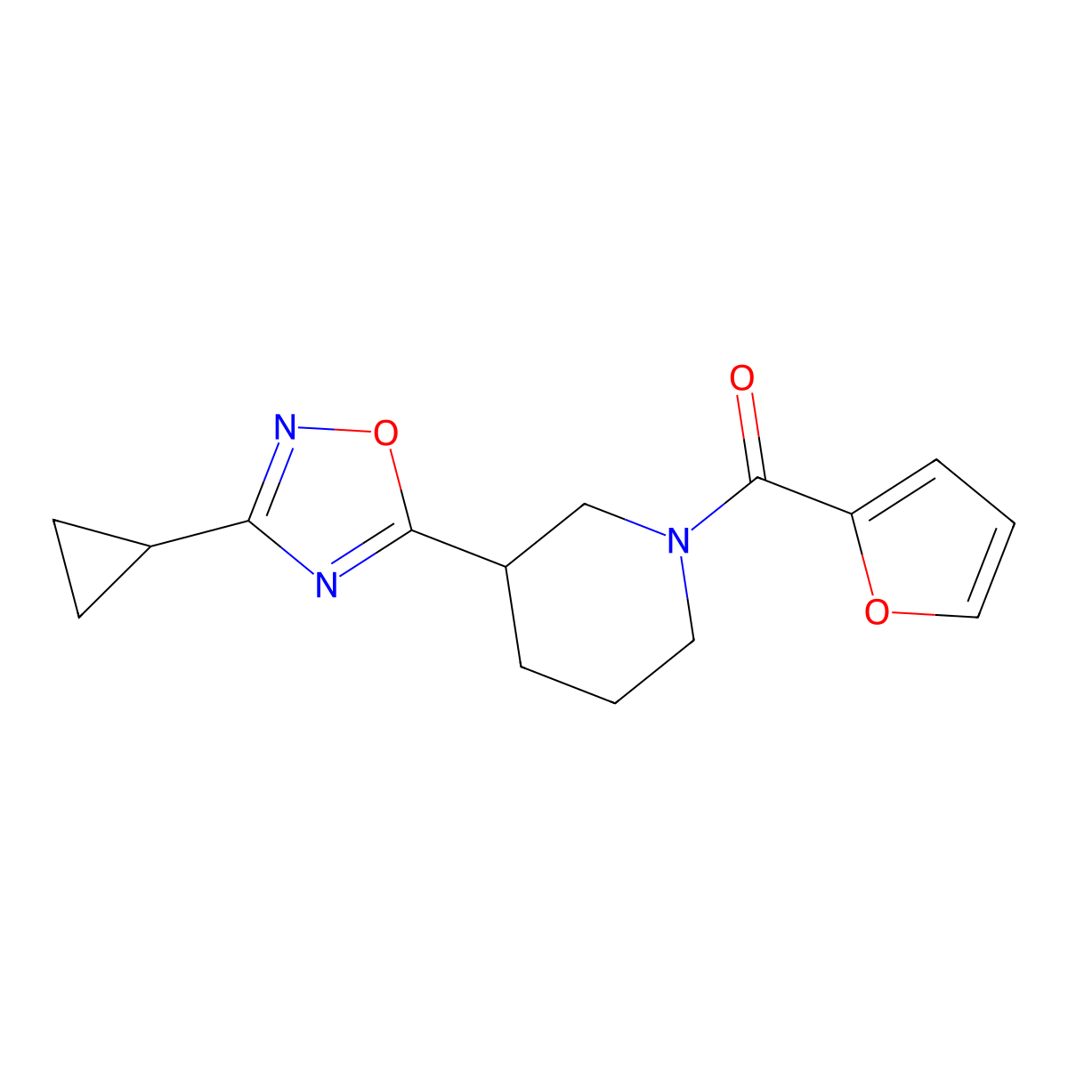 3-(3-Cyclopropyl-1,2,4-oxadiazol-5-yl)-1-(furan-2-carbonyl)piperidine molecular structure, CAS 2640873-67-0