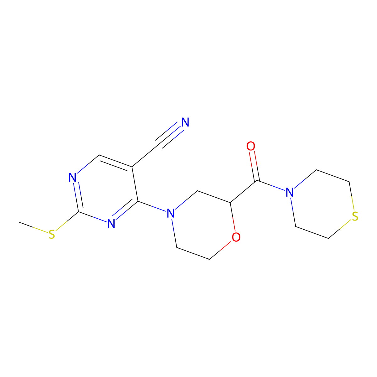2-(Methylsulfanyl)-4-[2-(thiomorpholine-4-carbonyl)morpholin-4-yl]pyrimidine-5-carbonitrile molecular structure, CAS 2640873-74-9