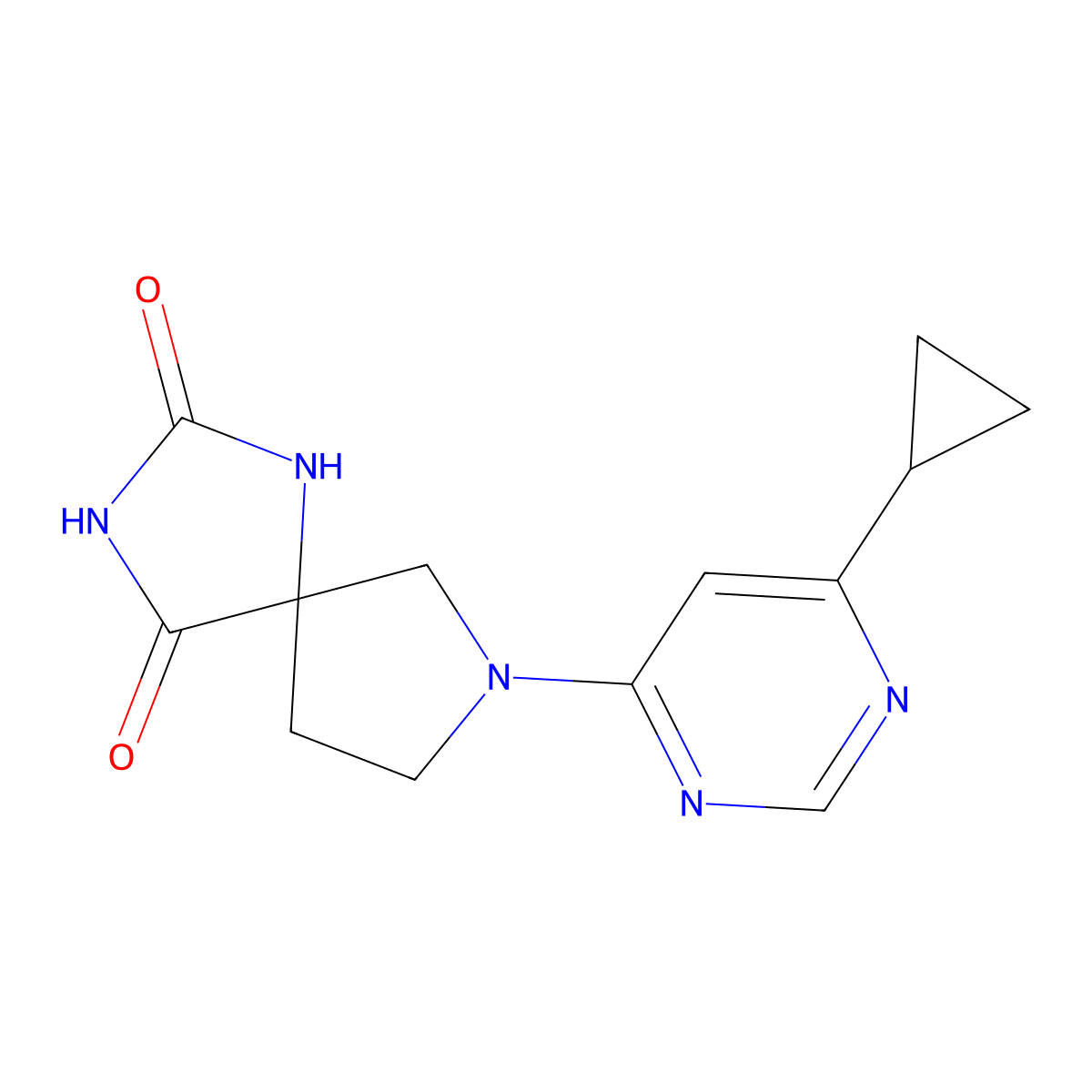 7-(6-Cyclopropylpyrimidin-4-yl)-1,3,7-triazaspiro[4.4]nonane-2,4-dione molecular structure, CAS 2640873-76-1