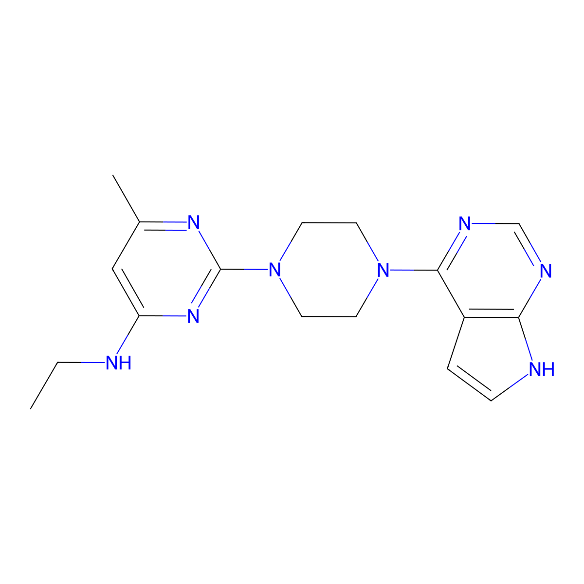 N-ethyl-6-methyl-2-(4-{7H-pyrrolo[2,3-d]pyrimidin-4-yl}piperazin-1-yl)pyrimidin-4-amine molecular structure, CAS 2640873-77-2
