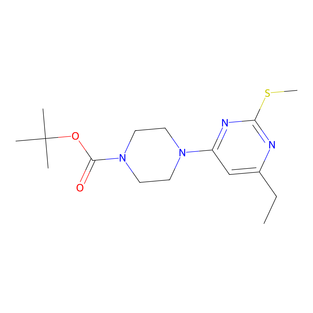 Tert-butyl 4-[6-ethyl-2-(methylsulfanyl)pyrimidin-4-yl]piperazine-1-carboxylate molecular structure, CAS 2640873-82-9