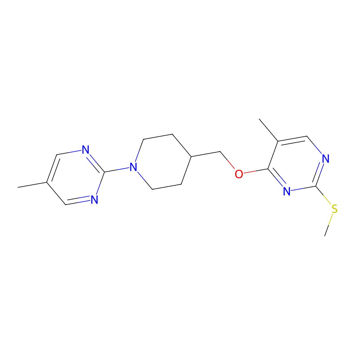5-Methyl-2-[4-({[5-methyl-2-(methylsulfanyl)pyrimidin-4-yl]oxy}methyl)piperidin-1-yl]pyrimidine molecular structure, CAS 2640873-85-2