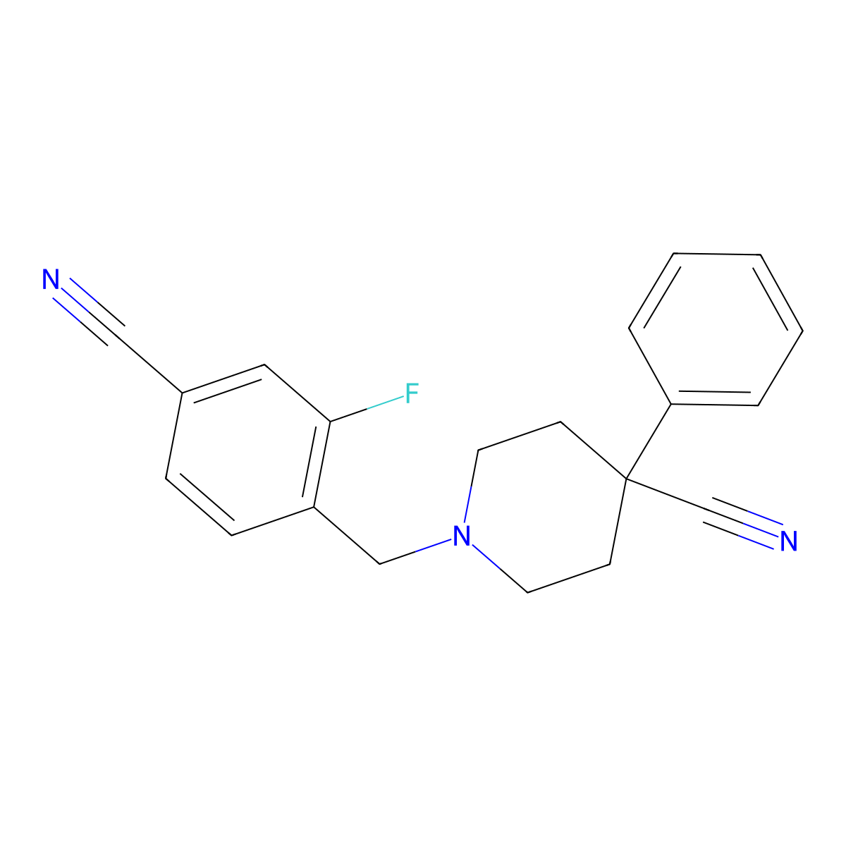 1-[(4-Cyano-2-fluorophenyl)methyl]-4-phenylpiperidine-4-carbonitrile molecular structure, CAS 2640873-92-1