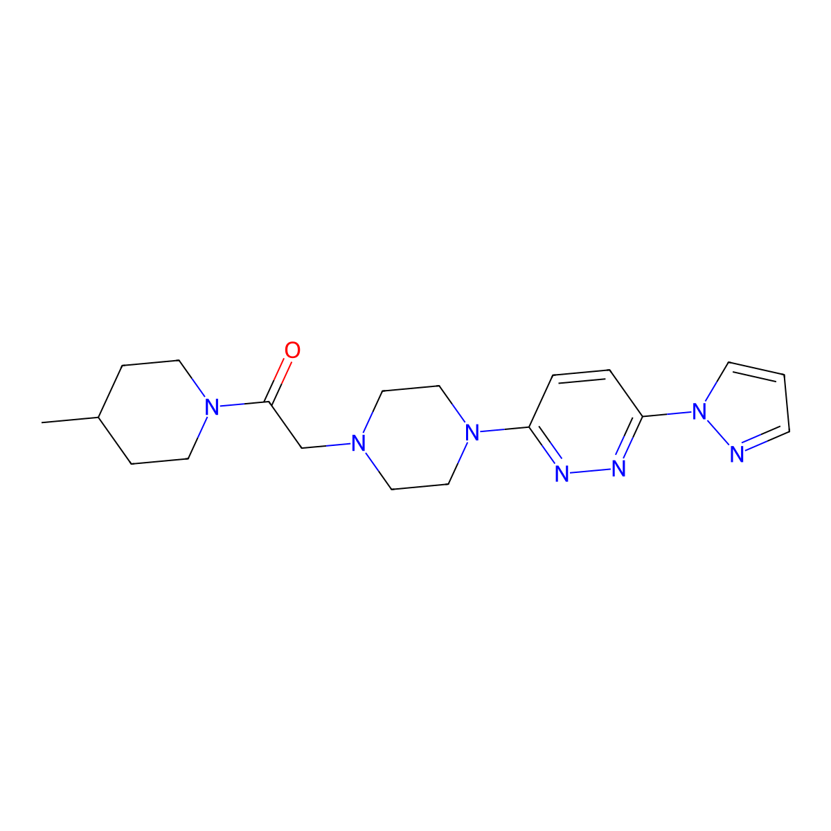 1-(4-methylpiperidin-1-yl)-2-{4-[6-(1H-pyrazol-1-yl)pyridazin-3-yl]piperazin-1-yl}ethan-1-one molecular structure, CAS 2640873-96-5