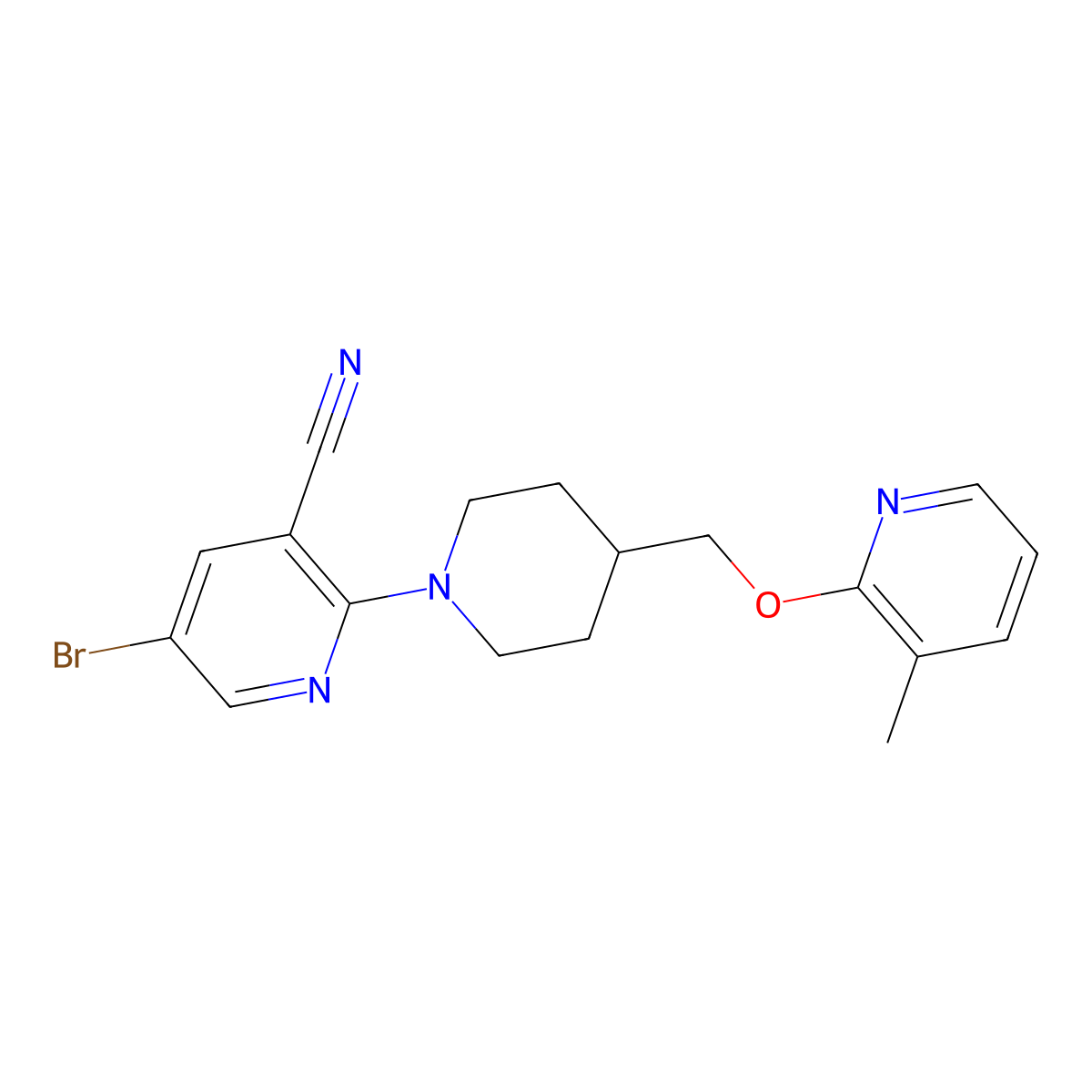 5-Bromo-2-(4-{[(3-methylpyridin-2-yl)oxy]methyl}piperidin-1-yl)pyridine-3-carbonitrile molecular structure, CAS 2640873-97-6