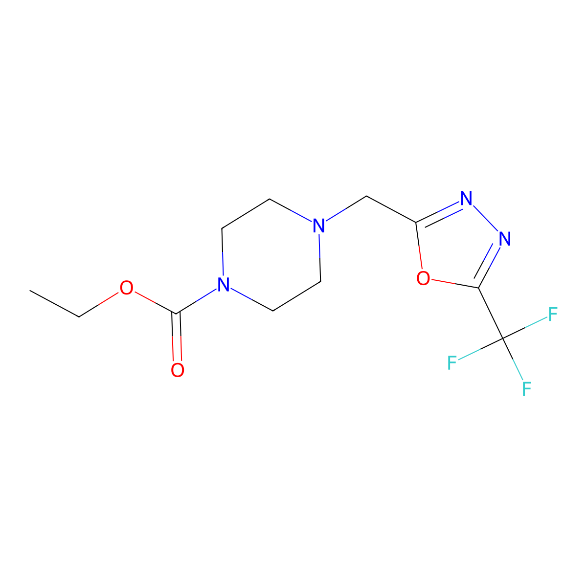 Ethyl 4-{[5-(trifluoromethyl)-1,3,4-oxadiazol-2-yl]methyl}piperazine-1-carboxylate molecular structure, CAS 2640874-14-0