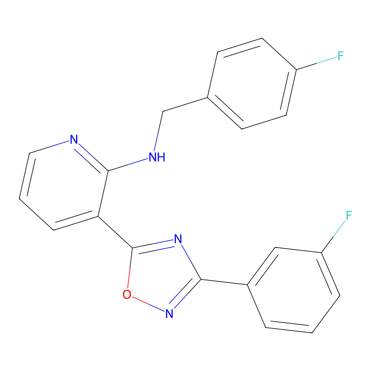 3-[3-(3-fluorophenyl)-1,2,4-oxadiazol-5-yl]-N-[(4-fluorophenyl)methyl]pyridin-2-amine molecular structure, CAS 2640874-17-3