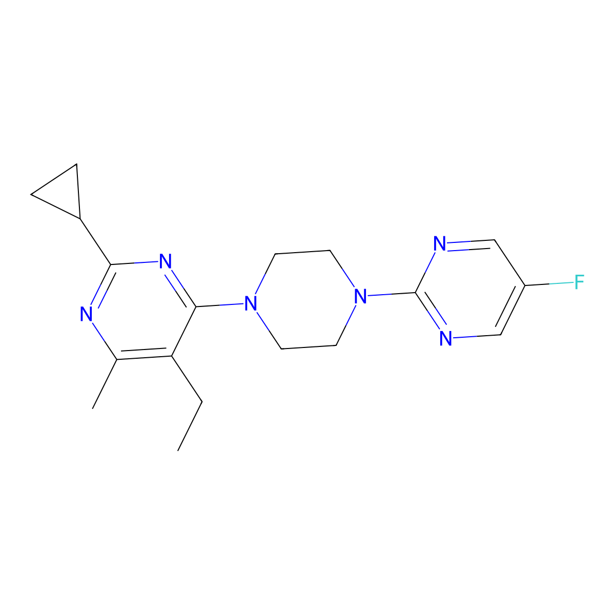 2-Cyclopropyl-5-ethyl-4-[4-(5-fluoropyrimidin-2-yl)piperazin-1-yl]-6-methylpyrimidine molecular structure, CAS 2640874-20-8