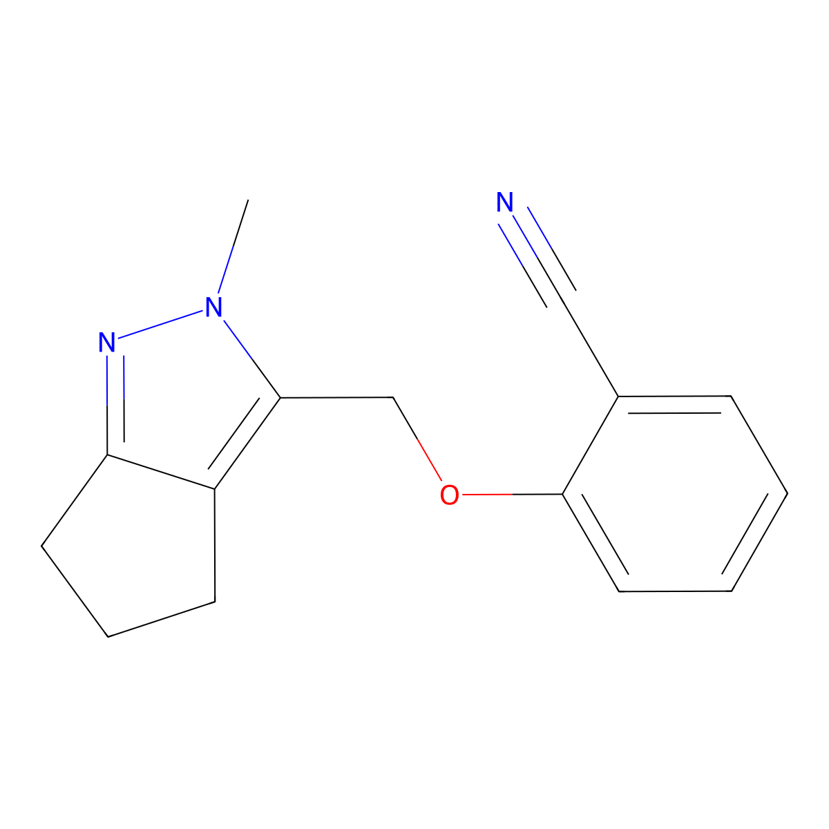 2-({2-methyl-2H,4H,5H,6H-cyclopenta[c]pyrazol-3-yl}methoxy)benzonitrile molecular structure, CAS 2640874-22-0
