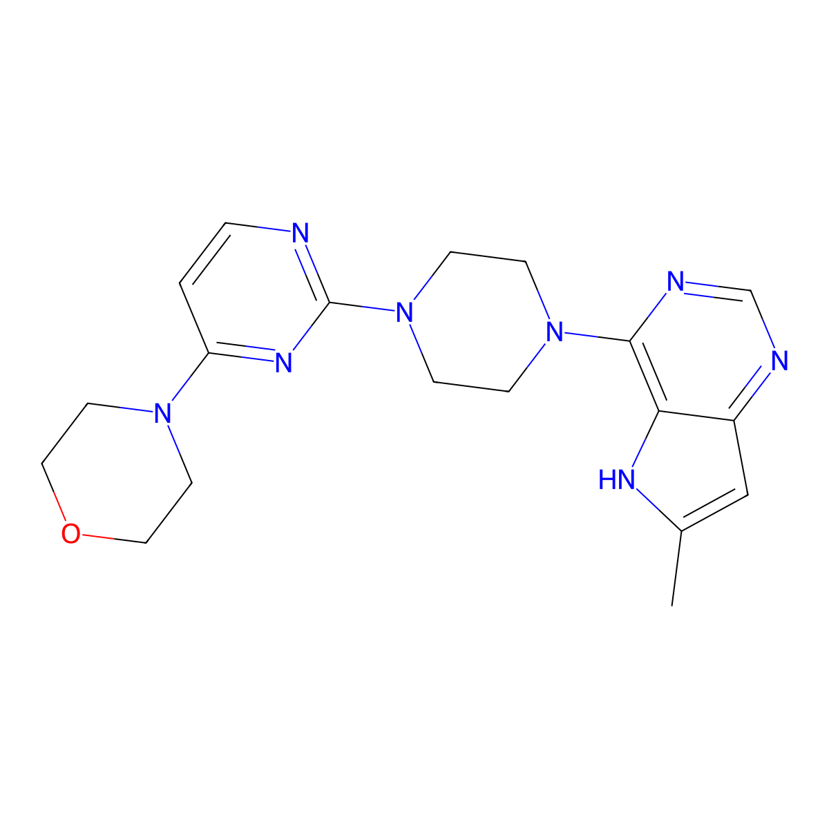 4-[2-(4-{6-methyl-5H-pyrrolo[3,2-d]pyrimidin-4-yl}piperazin-1-yl)pyrimidin-4-yl]morpholine molecular structure, CAS 2640874-26-4